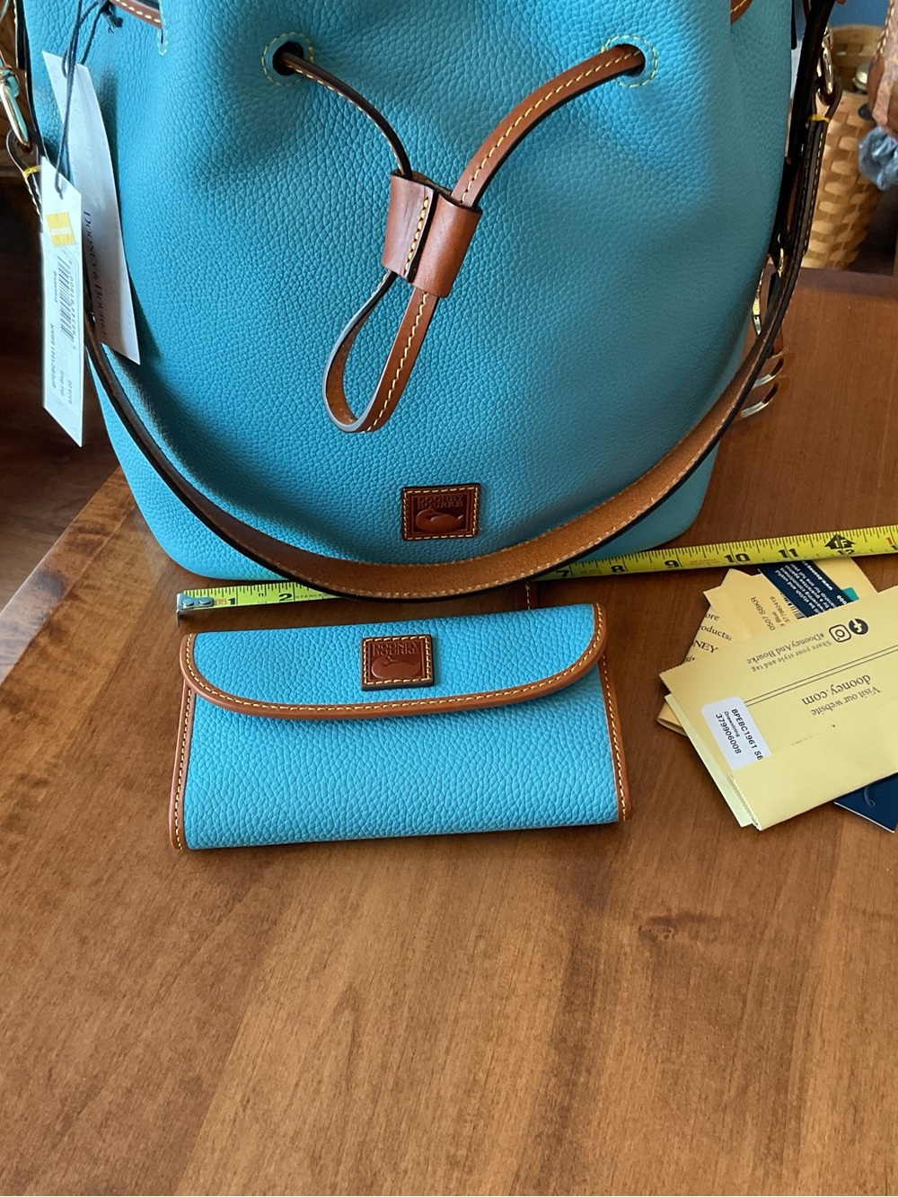 Dooney & Bourke Sky Blue pebble Drawstring Bucket Bag with Matching Wallet - Picture 4 of 15